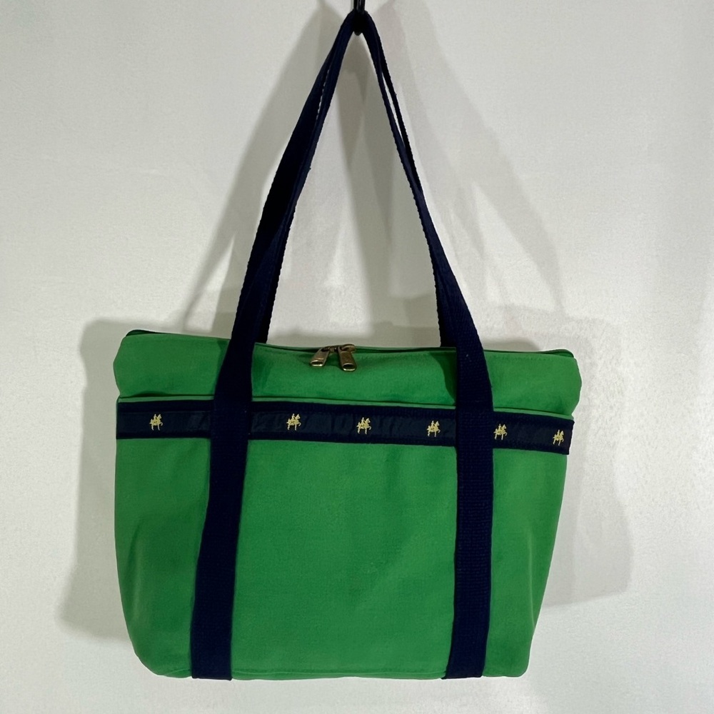 Vintage Equestrian Tote Purse Shoulder Bag Green/Blue 80s Canvas Casual Retro